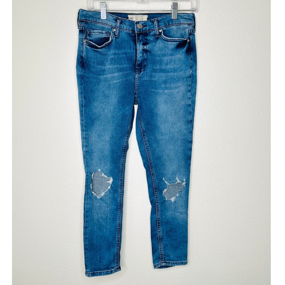 Free People Medium Wash Distressed Knee High Waist Skinny Jeans 29